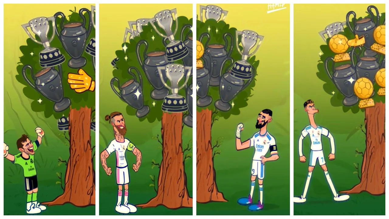 Ancelotti'nin anlattığı hikayenin sonunda ise 4 futbolcunun fidanları, üzeri ödüller ve kupalarla dolu büyük ağaçlara dönüşüyor.