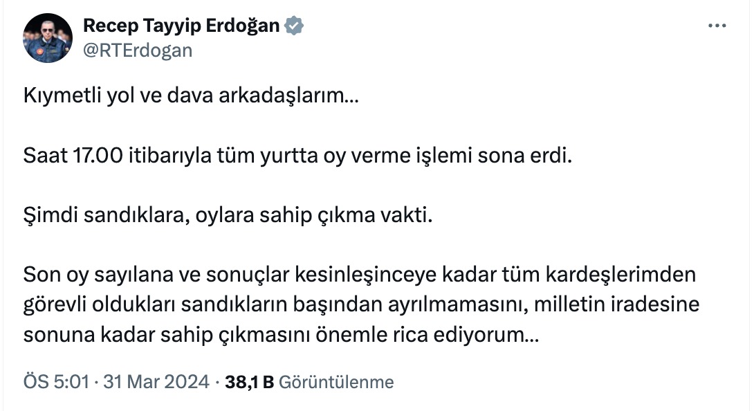 Oy verme işlemi bitti, Erdoğan mesaj paylaştı
