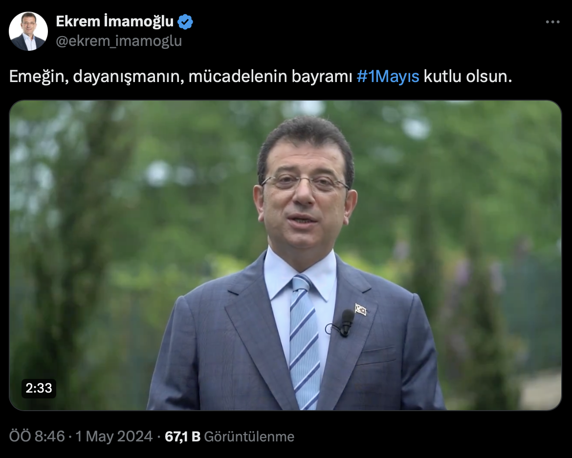 İSTANBUL BÜYÜKŞEHİR BELEDİYE BAŞKANI EKREM İMAMOĞLU: İstanbul’un ve Türkiye’nin üreten alınterileriyle ülkemizi sırtlayan işçileri ve emekçileri 1 Mayıs işçi bayramınız kutlu olsun 1 Mayıs aynı zamanda dayanışma demektir beş yıl boyunca vatandaşını ayırt etmeden dayanışmacı belediyecilik’in en güzel örneklerini sergiledik sergilemeye devam edeceğiz İstanbul Büyükşehir Belediyesi olarak beş yıldır sendika süreçleri örnek şekilde yönetti göreve geldiğimizde 31.000 olan sendikalı çalışan sayısı bugün gururla ifade etmek isterim ki tam 83.000’e ulaşmıştır yedi iş kolundaki sekiz sendika sayısı 12 işkolunda 15 sendikaya çıkmıştır...