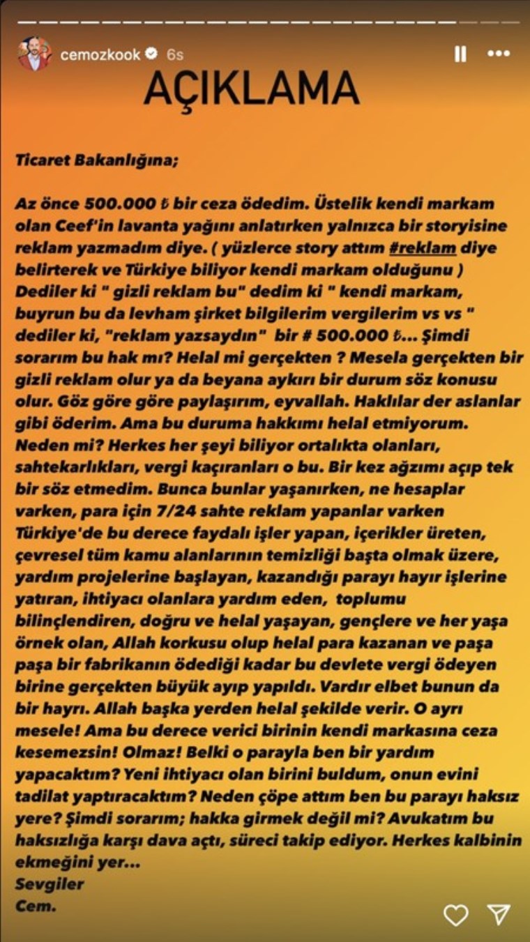 “Para için 7/24 sahte reklam yapanlar varken Türkiye’de bu derece faydalı işler yapan, içerikler üreten, çevresel tüm kamu alanlarının temizliği başta olmak üzere, yardım projelerine başlayan, kendi kazandığı parayı hayır işlerine yatıran, ihtiyacı olanlara yardım eden, toplumu bilinçlendiren, doğru ve helal yaşayan, gençlere ve her yaşa örnek olan, Allah korkusu olup helal para kazanan ve paşa paşa bir fabrikanın ödediği kadar bu devlete vergi ödeyen birine gerçekten ayıp yapıldı.”