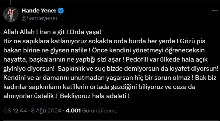 Hande Yener'den'kadınların çıplaklığından rahatsızız' diyen kişiye sert tepki: İran'a git orada yaşa