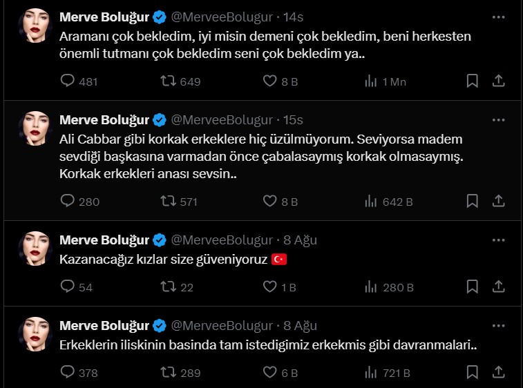 Merve Boluğur'dan dikkat çeken paylaşım: Erkeklerin yüzde 99'u şerefsizdir