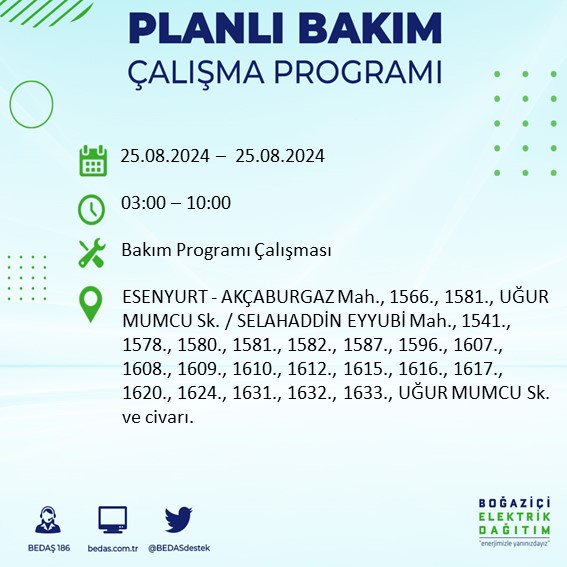 BEDAŞ duyurdu: İstanbul'da yarın elektrik kesintisi yaşanacak ilçeler