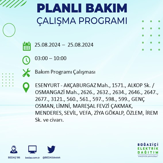 BEDAŞ duyurdu: İstanbul'da yarın elektrik kesintisi yaşanacak ilçeler