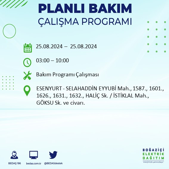 BEDAŞ duyurdu: İstanbul'da yarın elektrik kesintisi yaşanacak ilçeler