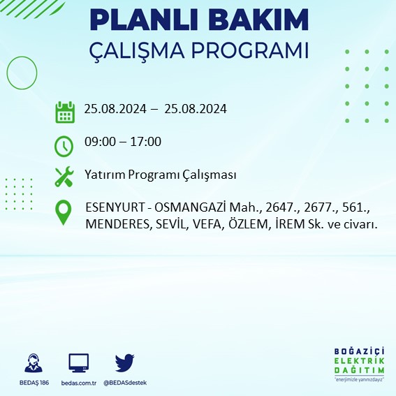 BEDAŞ duyurdu: İstanbul'da yarın elektrik kesintisi yaşanacak ilçeler