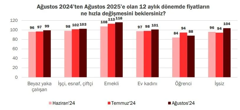 Demografik kırılımlara göre, 12-ay ileriye yönelik hanehalkı enflasyon beklentilerinde kişilerin çalışma durumuna göre bir inceleme yapıldığında, enflasyon beklentisi en yüksek olan emekli grubunun genel ortalamanın yaklaşık 15 puan üzerinde, enflasyon beklentisi en düşük olan öğrenci grubunun ise genel ortalamanın yaklaşık 13 puan altında bir beklentiye sahip olduğu gözleniyor. Emekli grubunun geçinme durumu açısından en çok zorluk yaşadığını ifade eden grup olduğu göze çarpıyor.