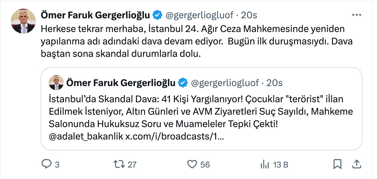 Kız &Ccedil;ocukları Davası'nı takip eden DEM Partili Gergerlioğlu: H&acirc;kim &ldquo;Beni sosyal medyada eleştirmişsiniz&rdquo; diyerek salondan&nbsp;&ccedil;ıkmamı&nbsp;istedi