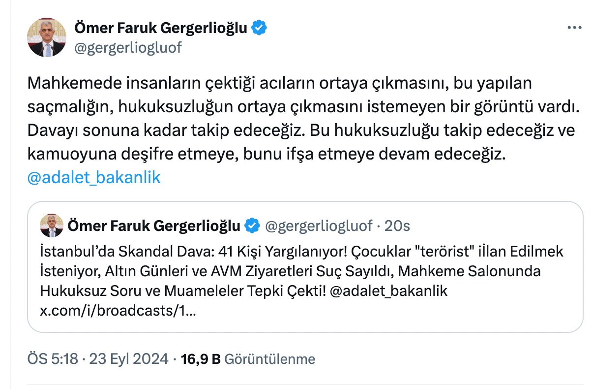 Kız &Ccedil;ocukları Davası'nı takip eden DEM Partili Gergerlioğlu: H&acirc;kim &ldquo;Beni sosyal medyada eleştirmişsiniz&rdquo; diyerek salondan&nbsp;&ccedil;ıkmamı&nbsp;istedi