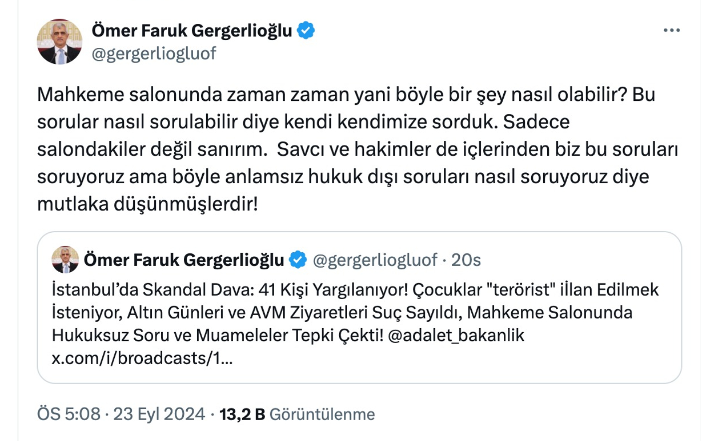 Kız &Ccedil;ocukları Davası'nı takip eden DEM Partili Gergerlioğlu: H&acirc;kim &ldquo;Beni sosyal medyada eleştirmişsiniz&rdquo; diyerek salondan&nbsp;&ccedil;ıkmamı&nbsp;istedi