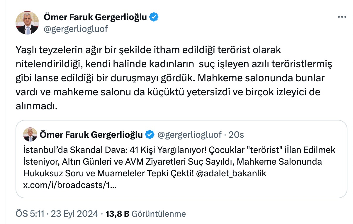Kız &Ccedil;ocukları Davası'nı takip eden DEM Partili Gergerlioğlu: H&acirc;kim &ldquo;Beni sosyal medyada eleştirmişsiniz&rdquo; diyerek salondan&nbsp;&ccedil;ıkmamı&nbsp;istedi