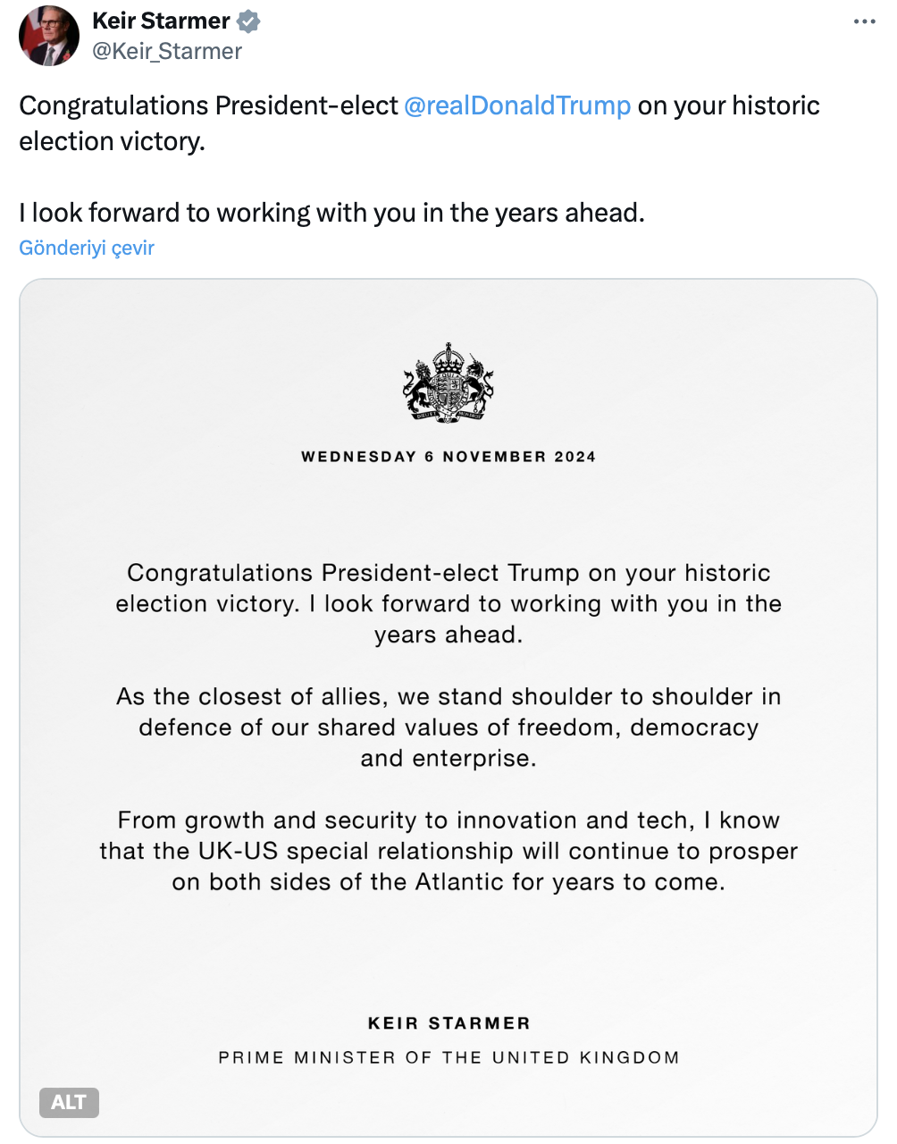 "Seçilmiş başkan Trump'ı tarihi seçim zaferinden dolayı tebrik ediyorum.  Önümüzdeki yıllarda sizinle çalışmaktan mutluluk duyacağım."