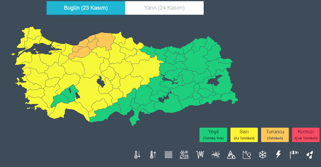 SARI KODLU UYARI NEDİR? Hava durumu potansiyel tehlikelidir: Tahmin edilen meteorolojik hadise olağandışı olmamakla birlikte, meteorolojik şartlardan etkilenebilecek faaliyetler konusunda dikkatli olunmalıdır.