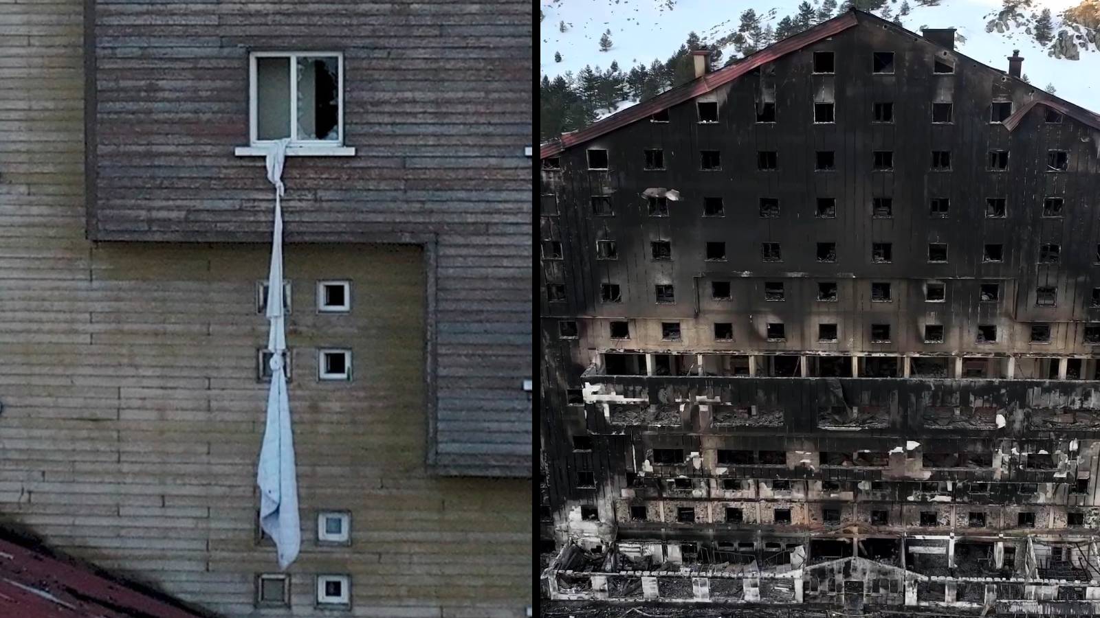 Kartalkaya'da 78 insanın öldüğü otelden geriye, küle dönmüş bina ve birbirine bağlanmış çarşaflar kaldı!
