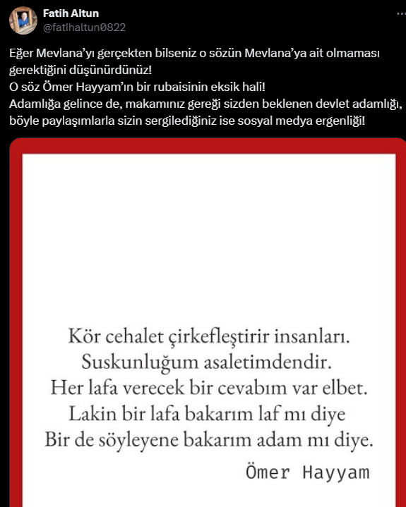 Bakan Yerlikaya'nın Özgür Özel'e Mevlana'dan alıntılayarak yaptığı gönderme, Ömer Hayyam'a aitmiş - Resim : 1