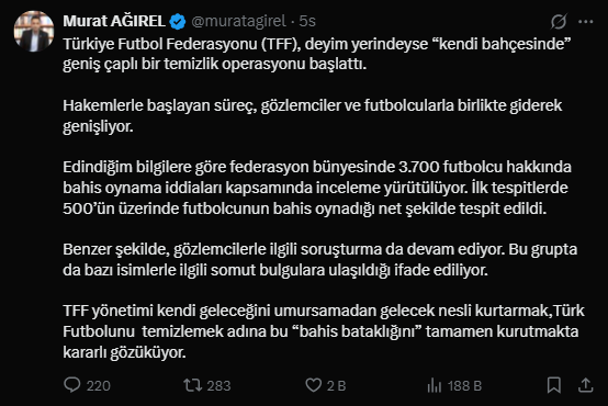 Murat Ağırel: 500’ün üzerinde futbolcunun bahis oynadığı tespit edildi 2 Murat Ağırel: 500’ün üzerinde futbolcunun bahis oynadığı tespit edildi