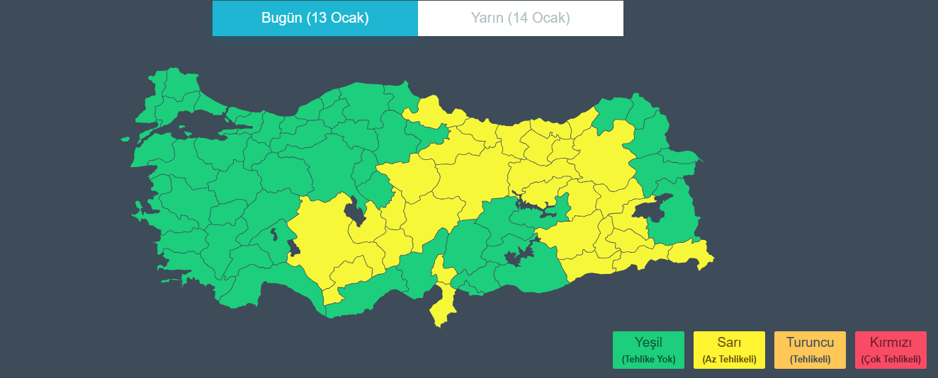 SARI KOD İLE UYARILAN İLLER: Bingöl, Bitlis, Diyarbakır, Erzincan, Erzurum, Giresun, Gümüşhane, Hakkari, Hatay, Kayseri, Konya, Mardin, Muş, Nevşehir, Niğde, Ordu, Rize, Samsun, Siirt, Sivas, Tokat, Trabzon, Tunceli, Yozgat, Aksaray, Bayburt, Karaman, Batman, Şırnak, Osmaniye.
