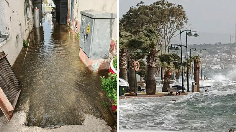 Ayvalık'ta fırtına etkili oldu: Deniz taştı, sokaklar suyla doldu
