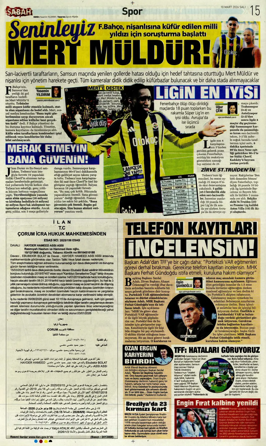 "Tedesco'nun eleştirdiği 5 Fenerbahçeli"  | Günün spor manşetleri