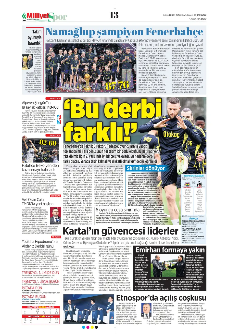 "Fırtına zirveyi karıştırdı" | Günün spor manşetleri