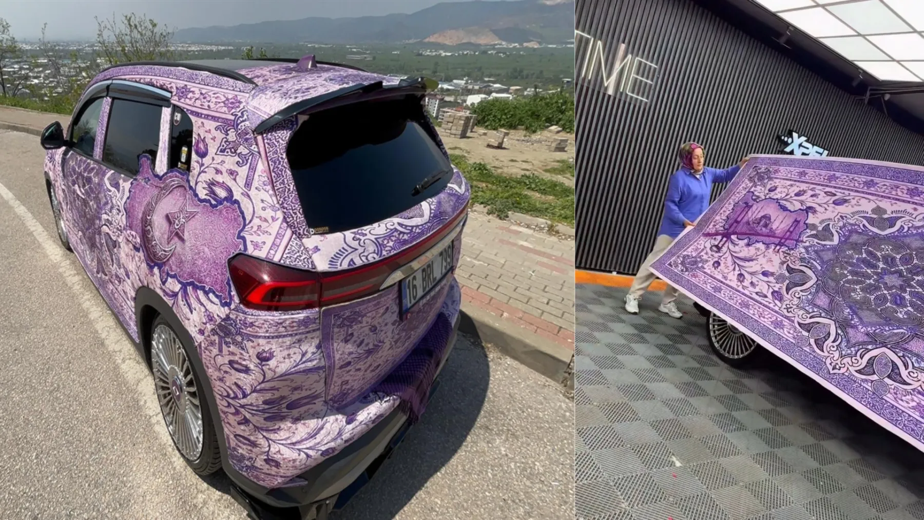 Otomobilini pasaportta yer alan Türk motiflerinin bulunduğu halıyla kapladı