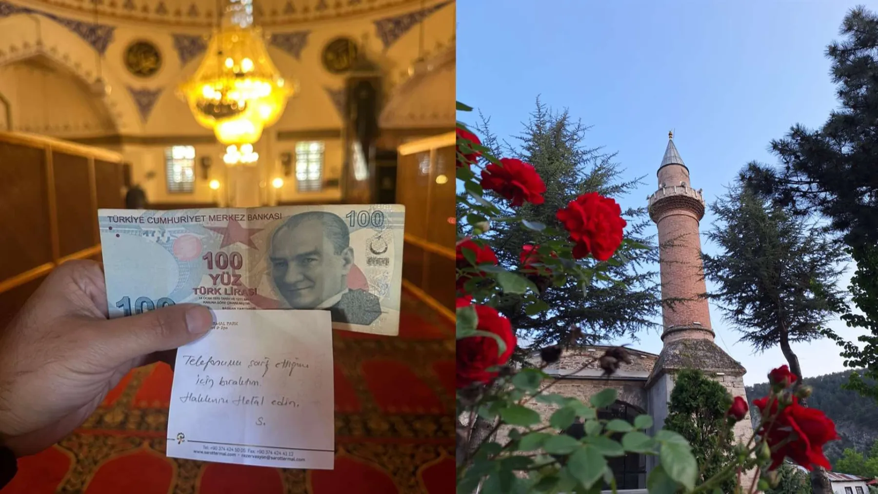 Camide telefonunu şarj etti, 100 TL ve helallik notu bıraktı