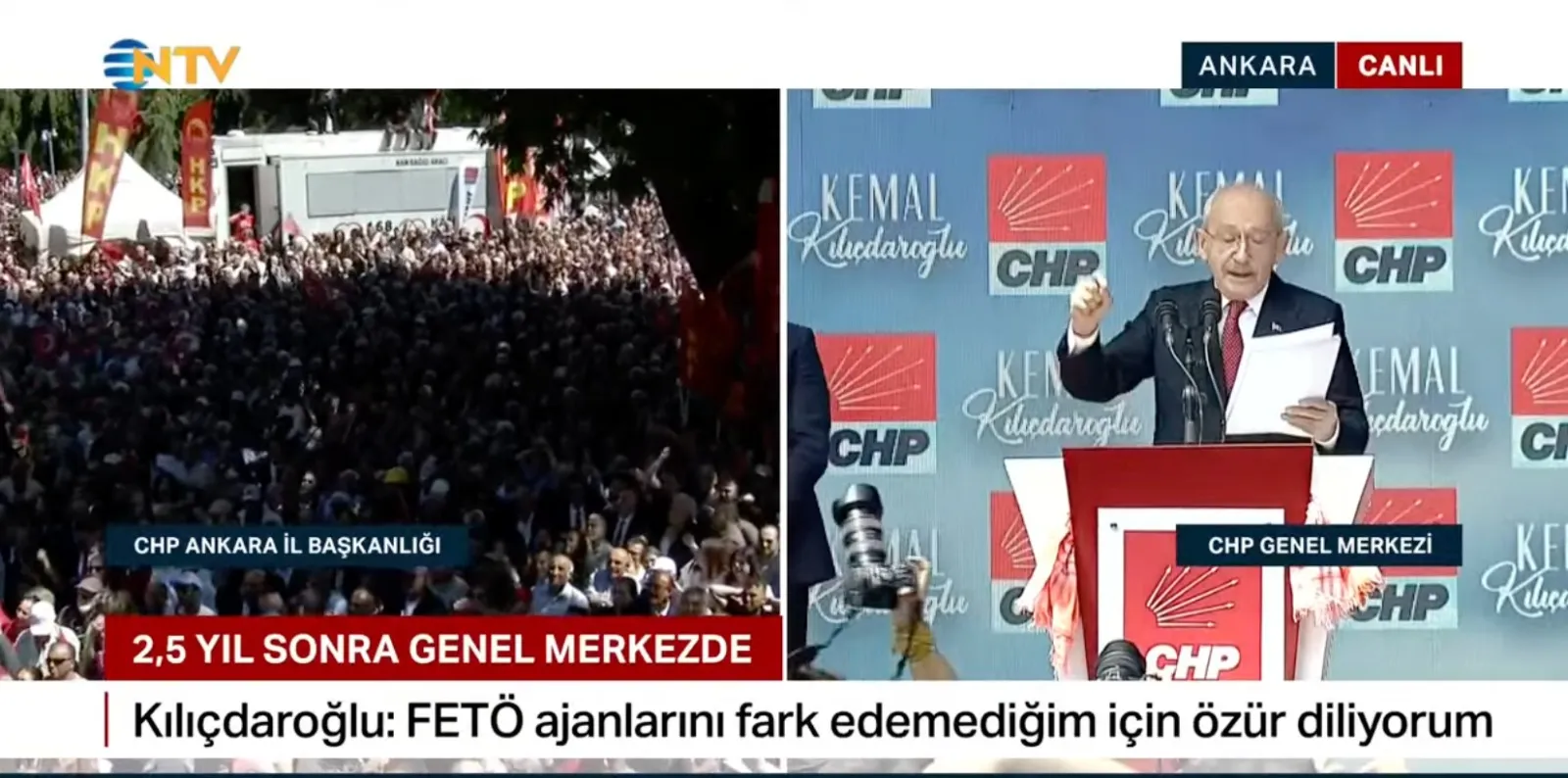 <p>NTV, Kemal Kılı&ccedil;daroğlu'nun buluşmasını canlı ve sesli yayınlarken; ekranın diğer yarısında &Ouml;zg&uuml;r &Ouml;zel'in mitingini sessiz şekilde verdi. Kılı&ccedil;daroğlu'nun mitingi bitince ise yayını kesti.</p>