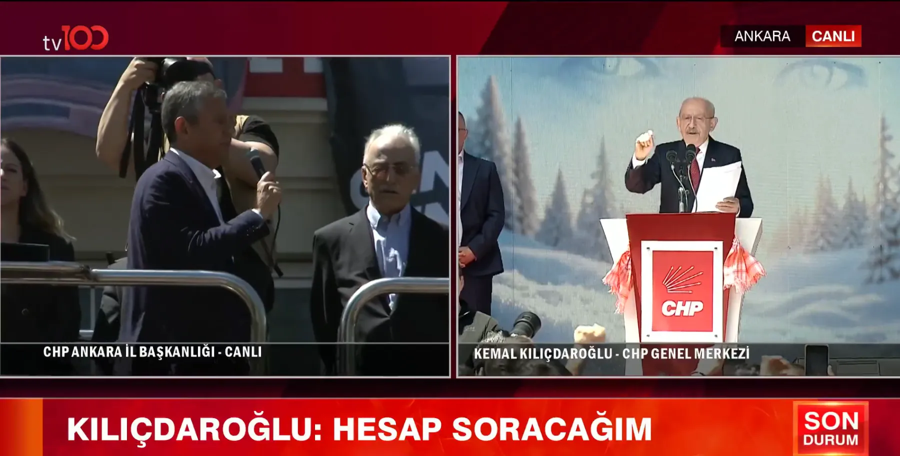 <p>TV100, Kılı&ccedil;daroğlu'nun mitingini canlı yayınladı, ekranın diğer yarısından sessiz şekilde &Ouml;zg&uuml;r &Ouml;zel'in yayınını verdi.</p>