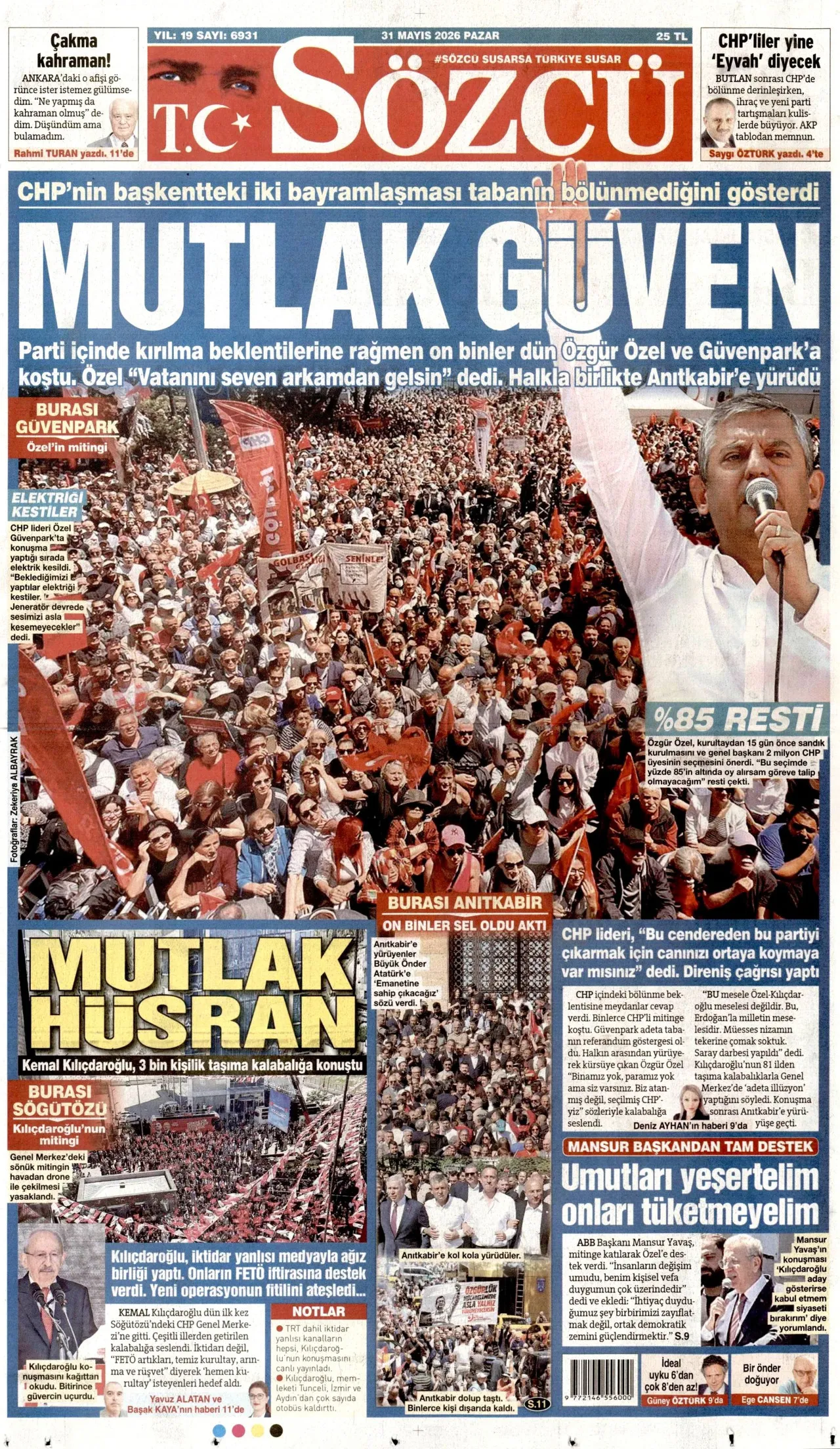 <p>S&ouml;zc&uuml; 'mutlak g&uuml;ven' ve 'mutlak h&uuml;sran' diyerek &Ouml;zel'in mitingini manşetten verdi ve Kılı&ccedil;daroğlu'nun mitingi ile kalabalık kıyaslaması yaptı.</p>