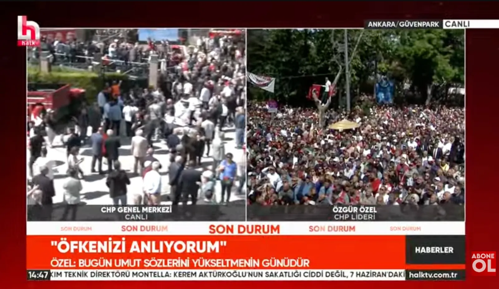<p>Halk TV, &Ouml;zg&uuml;r &Ouml;zel'in mitingini canlı ve sesli olarak yayınlarken, Kılı&ccedil;daroğlu'nun mitingini ekranın diğer yarısında sessiz bir şekilde verdi.</p>