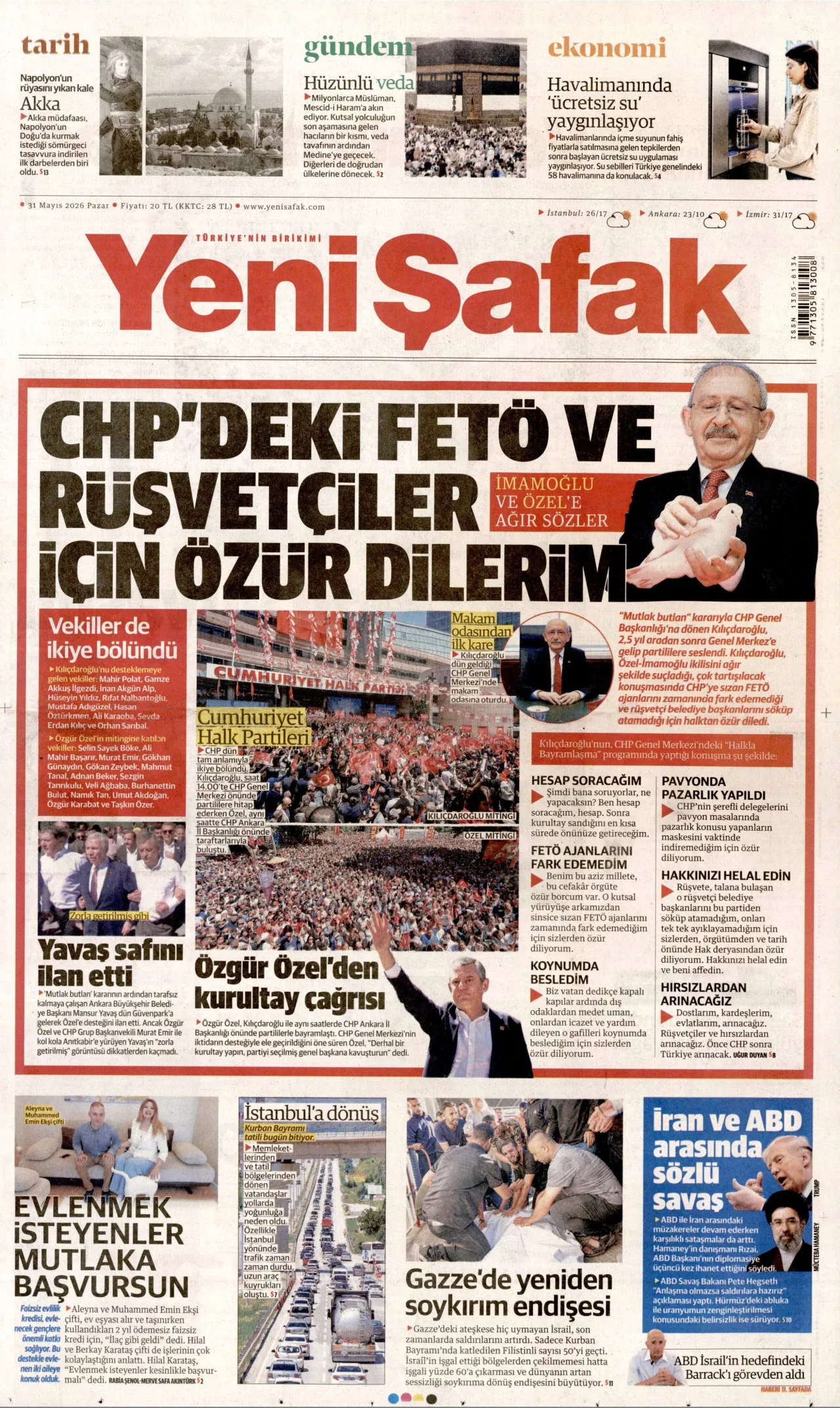 <p>Yeni Şafak: CHP'deki FET&Ouml; ve r&uuml;şvet&ccedil;iler i&ccedil;in &ouml;z&uuml;r dilerim</p>