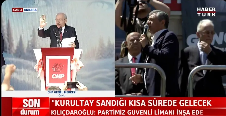 <p>HaberT&uuml;rk, Kılı&ccedil;daroğlu'nun mitingini canlı yayınladı, ekranın diğer yarısından sessiz şekilde &Ouml;zg&uuml;r &Ouml;zel'in yayınını verdi. Kılı&ccedil;daroğlu'nun mitingi bitince &Ouml;zel'in mitingini vermeye devam edilmedi ve Kılı&ccedil;daroğlu'nun mitinginin yorumlanmasına ge&ccedil;ildi.</p>