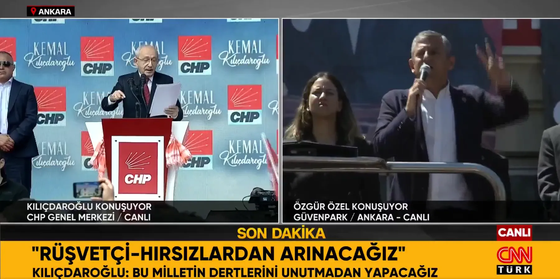 <p>CNN T&uuml;rk, Kılı&ccedil;daroğlu'nun konuşmalarını canlı ve sesli yayınlarken; ekranın diğer yarısında &Ouml;zel'in mitingini sessiz şekilde verdi.</p>
