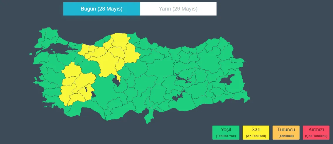 <p>SARI KODLA UYARILAN İLER: Afyonkarahisar, Ankara, Bolu, Burdur, &Ccedil;ankırı, &Ccedil;orum, Denizli, Isparta, Kastamonu, K&uuml;tahya, Sakarya, Uşak, Kırıkkale, Karab&uuml;k, D&uuml;zce.</p>