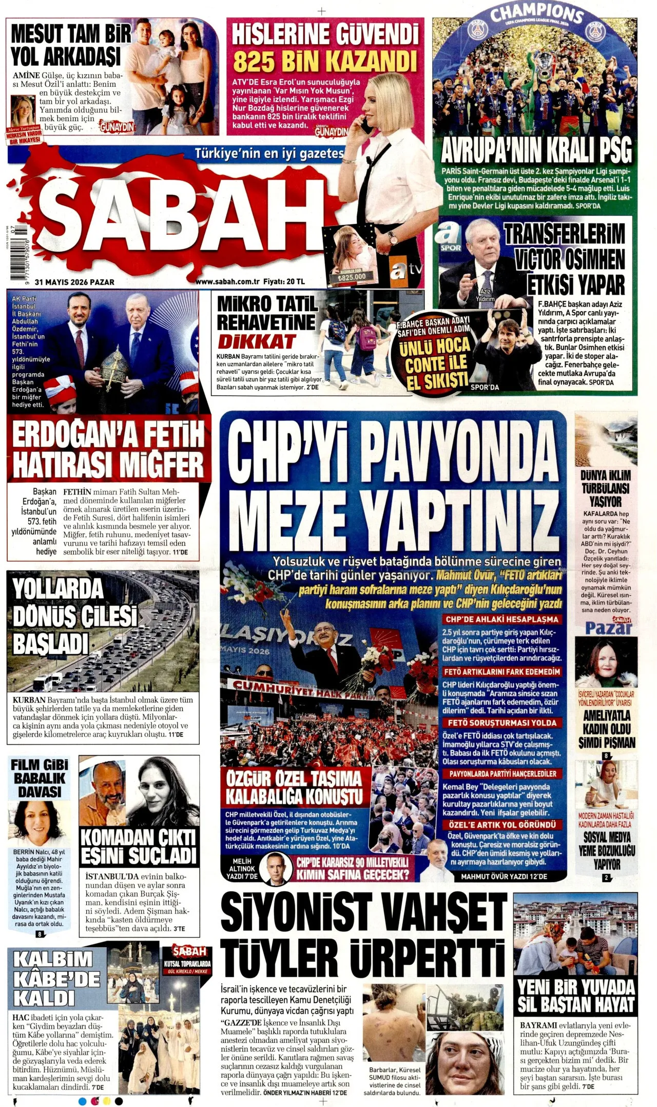 <p>Sabah gazetesi, Kılı&ccedil;daroğlu'nun mitingini manşetten verdi ve Kılı&ccedil;daroğlu'nun "CHP'yi pavyona meze yapanlar" s&ouml;z&uuml;n&uuml; manşete taşıdı.</p>