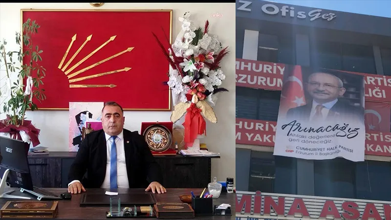 CHP Erzurum İl Başkanlığı'na görev değişikliğinin ardından Özgür Özel'in yerine Kılıçdaroğlu'nun fotoğrafı koyuldu, "Arınacağız" yazılı poster asıldı