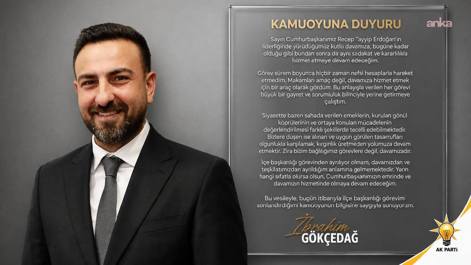AKP Seyhan İlçe Başkanı istifa etti: Bizlere düşen uygun görülen tasarrufları olgunlukla karşılamaktır