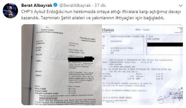 Bakan Albayrak, CHP'li Erdoğdu'ya açtığı tazminat davasını kazandı